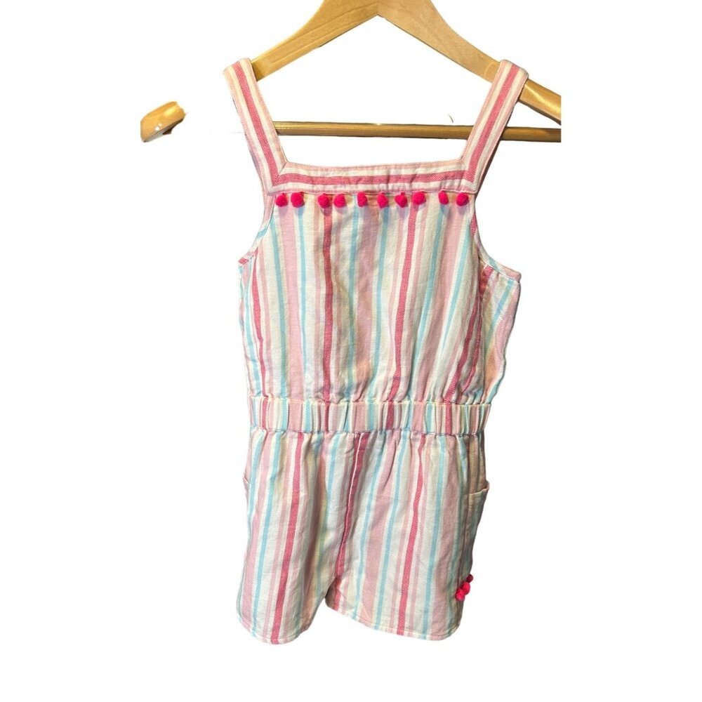 Girls Striped Romper by Egg New York Size 10Y Pink Blue White with Pom Poms